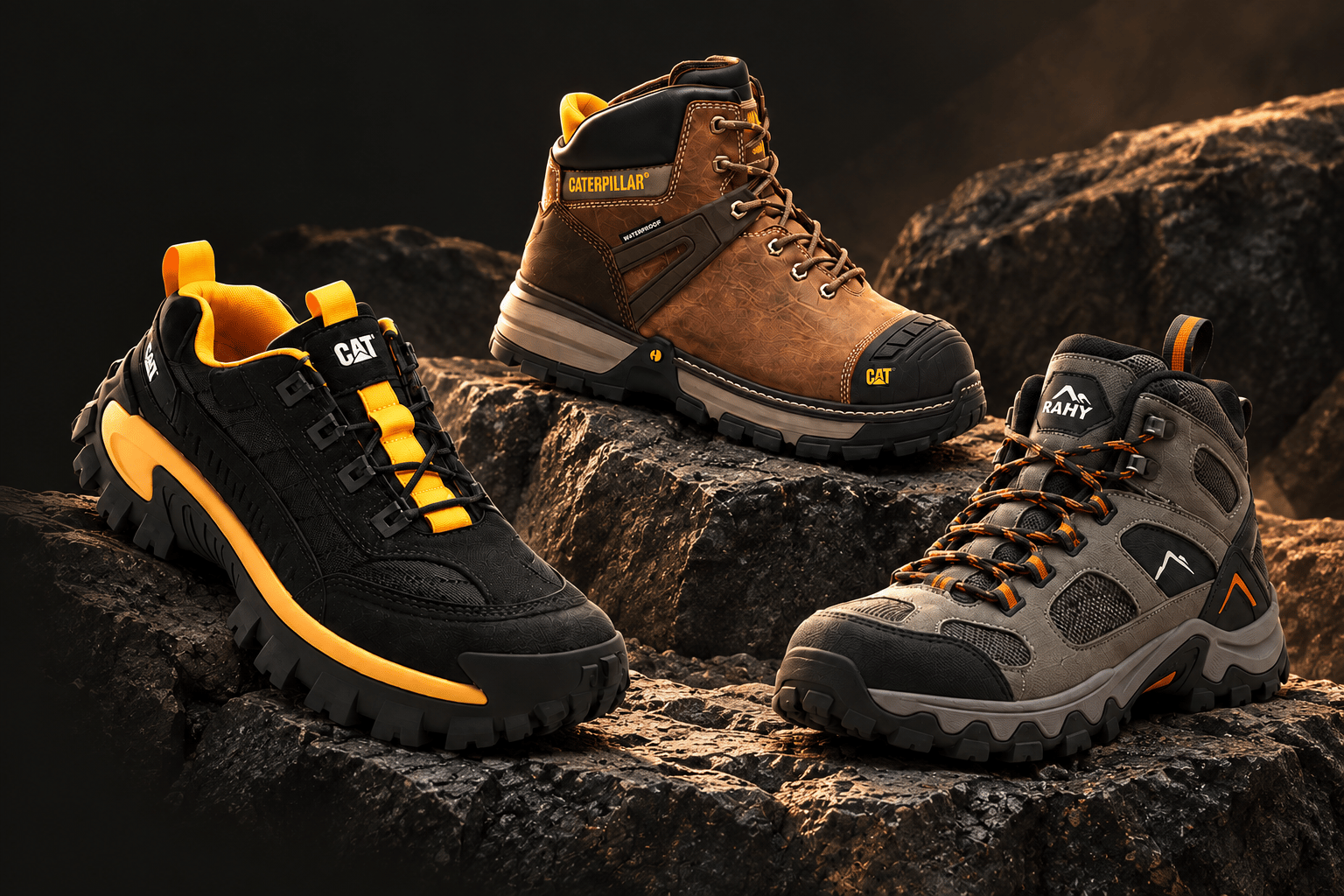 Calzado sport, industrial y trekking sobre rocas: zapatilla negra y amarilla, bota marrón y botín gris.